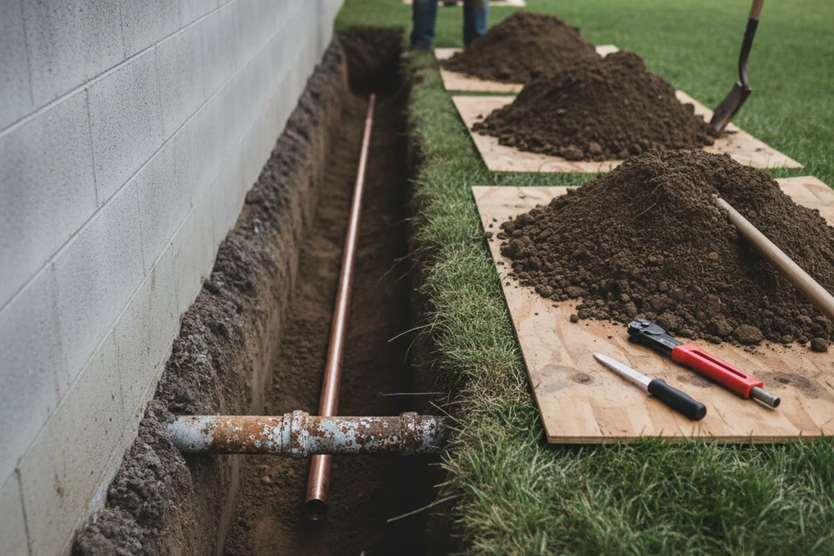 Excavated water line trench during Water Softener Installation in Rickman